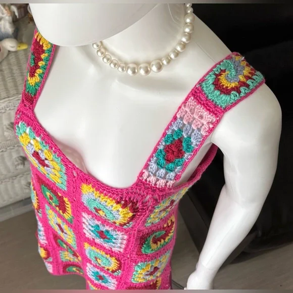 Cotton Emporium Granny Squares Knit Mini Dress in Multi Colored Size Large - Picture 2 of 7